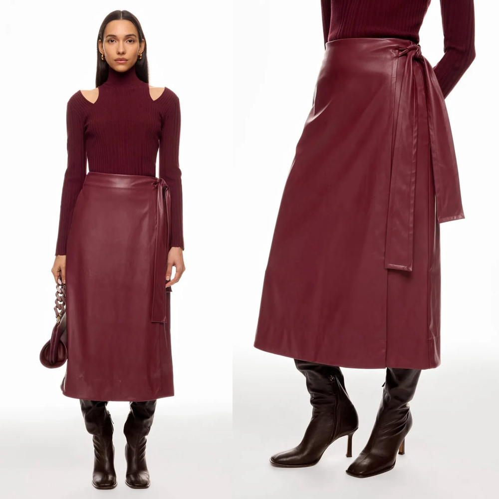 NWT TOCCIN Beatrice Wrap Midi Skirt Faux leather Burgundy $425 - Size 10 / L - Picture 5 of 10